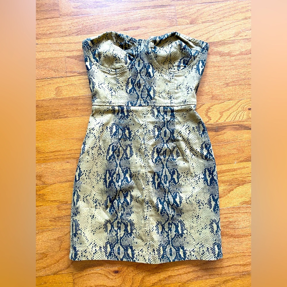 Strapless Snake Print Mini Dress in Beige and Navy
